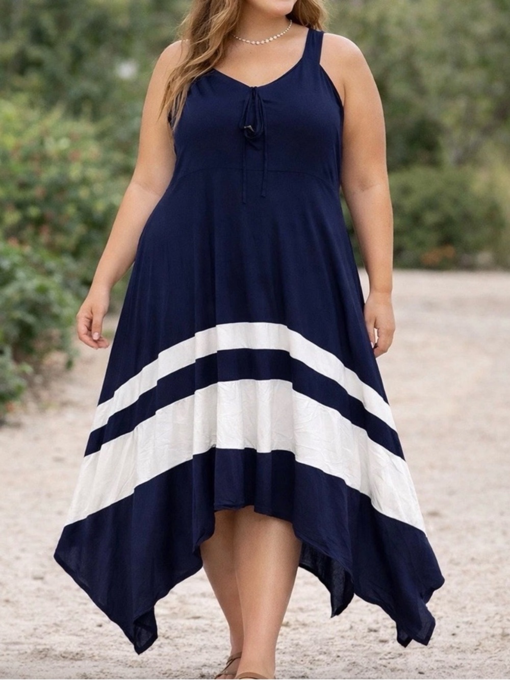 VENUS Navy and White Striped Midi Dress